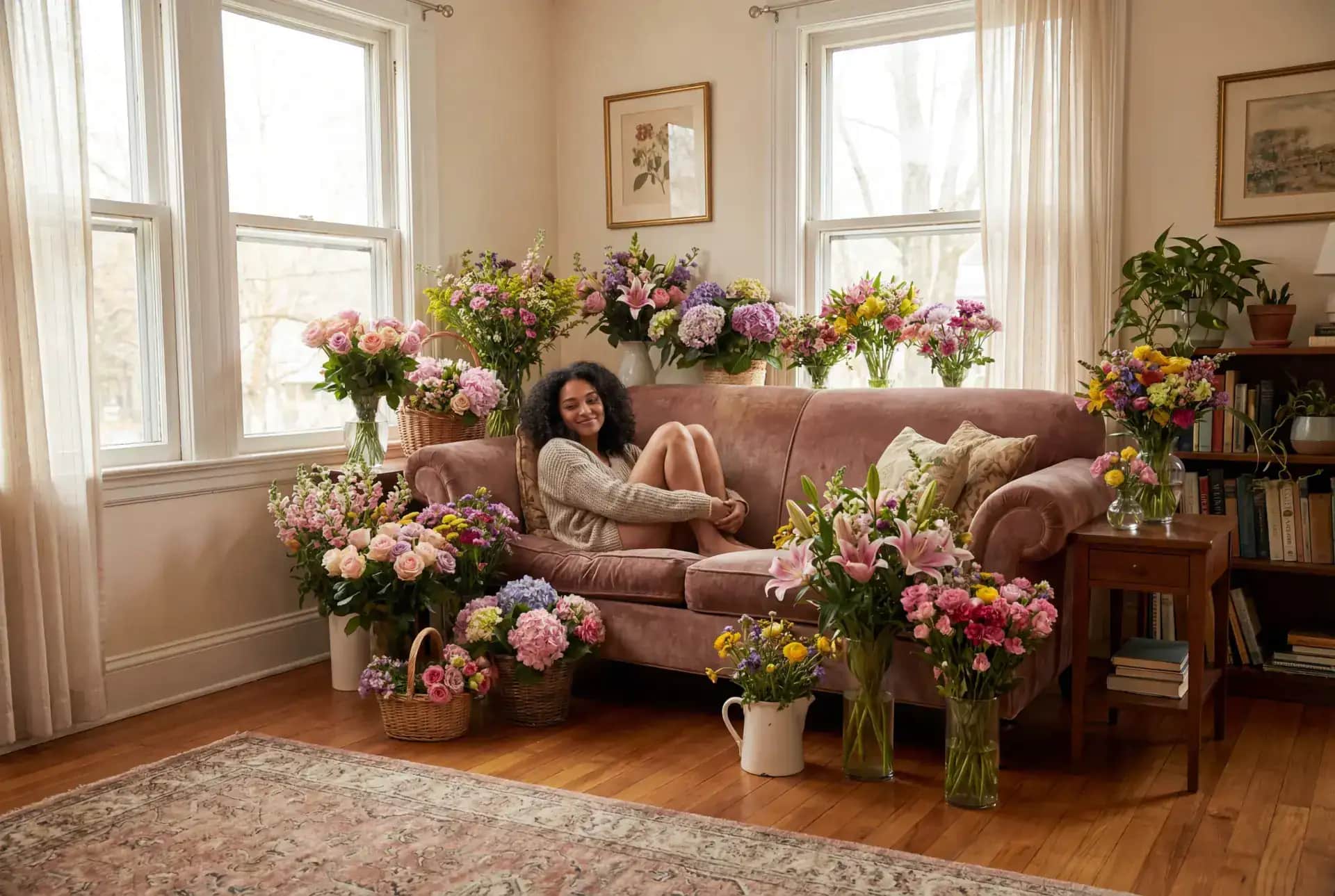 Beautiful woman sitting on a couch with a flower bouquets around her